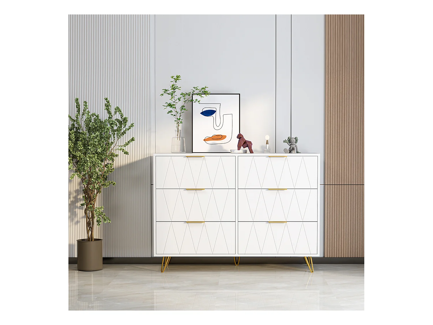 Witte ladekast met 6 laden, met verhoogde fronten met ruitpatroon, melamine panelen, grote opbergruimte en robuust