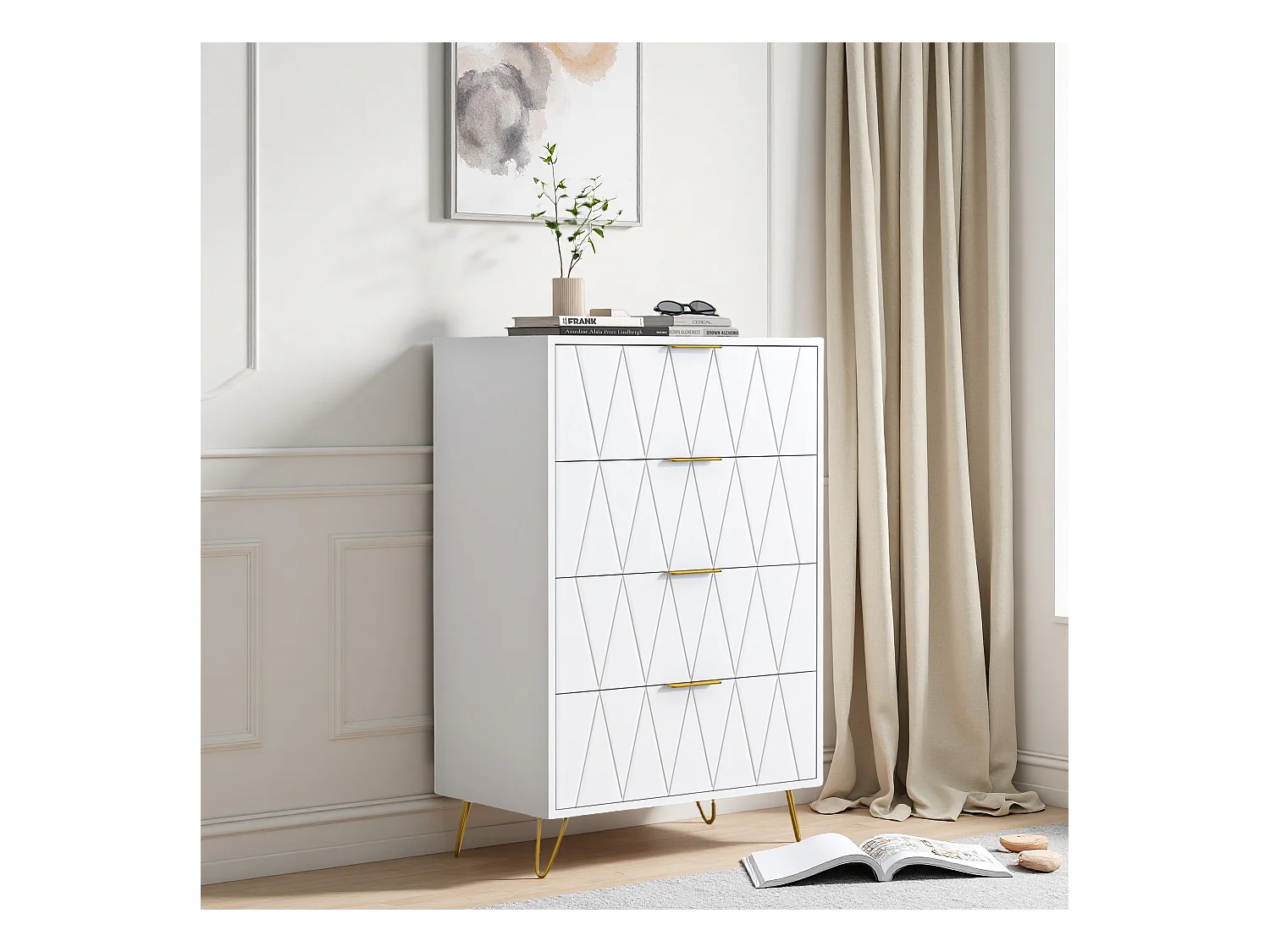 Witte ladekast met 4 laden, met verhoogde fronten met ruitpatroon, melamine panelen, grote opbergruimte en robuust