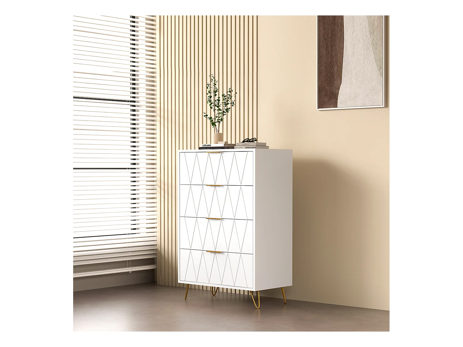 Witte ladekast met 4 laden, met verhoogde fronten met ruitpatroon, melamine panelen, grote opbergruimte en robuust