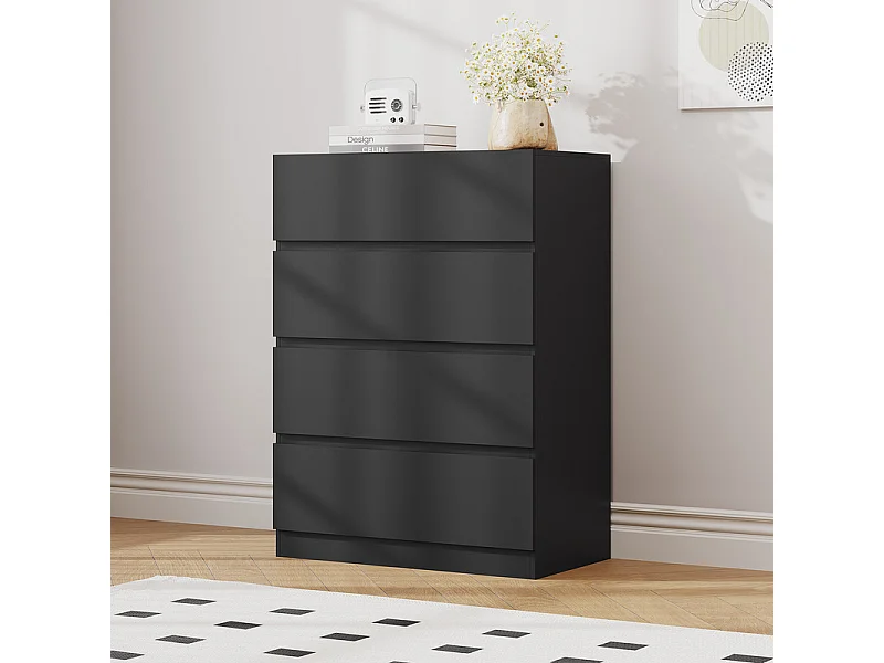 Commode 4 Tiroirs - MDF - avec glissières de métal - sans poignée - 70x40x96cm - Noir
