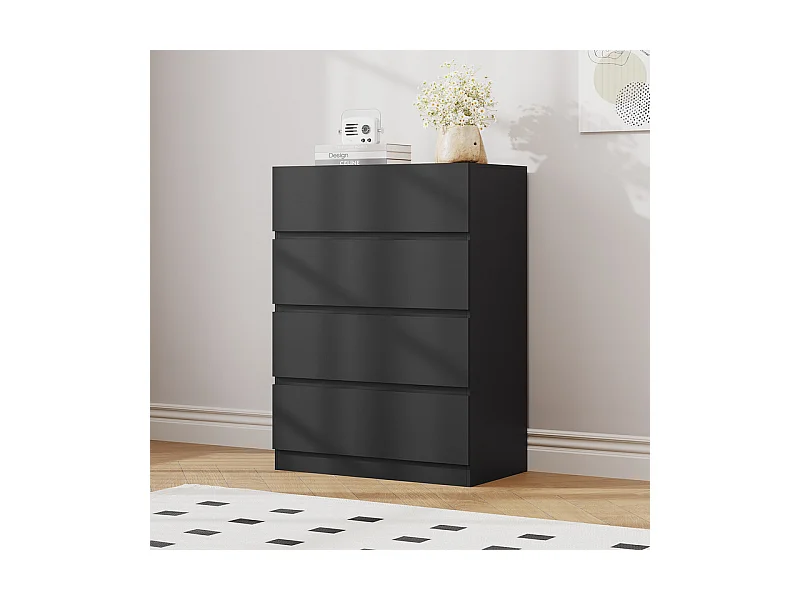 Commode 4 Tiroirs - MDF - avec glissières de métal - sans poignée - 70x40x96cm - Noir
