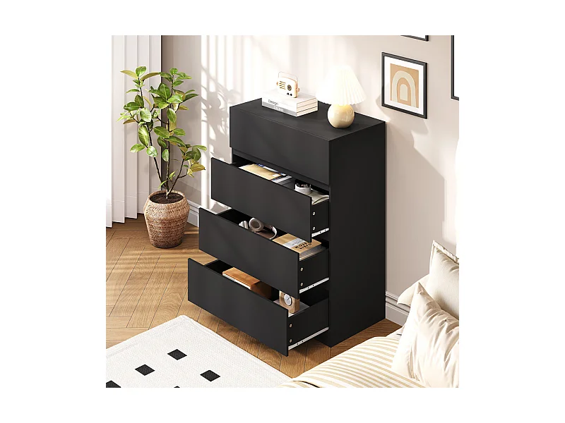 Commode 4 Tiroirs - MDF - avec glissières de métal - sans poignée - 70x40x96cm - Noir