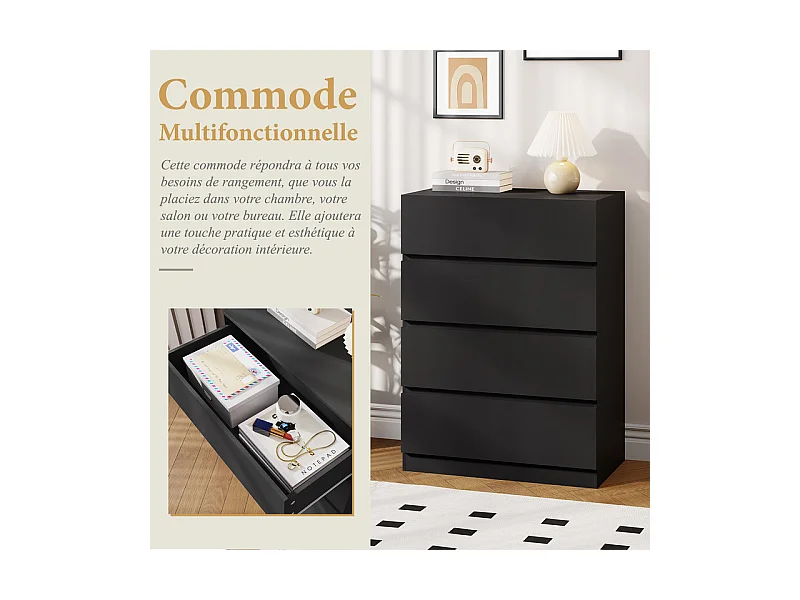 Commode 4 Tiroirs - MDF - avec glissières de métal - sans poignée - 70x40x96cm - Noir