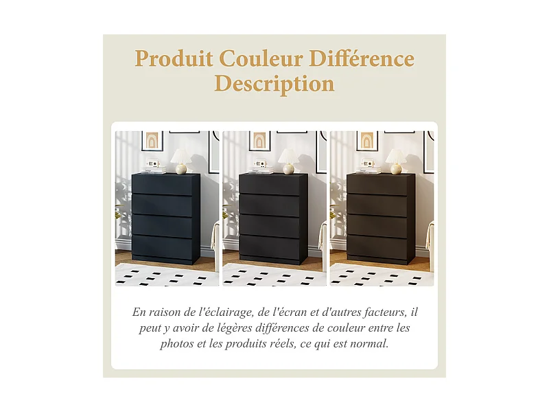 Commode 4 Tiroirs - MDF - avec glissières de métal - sans poignée - 70x40x96cm - Noir