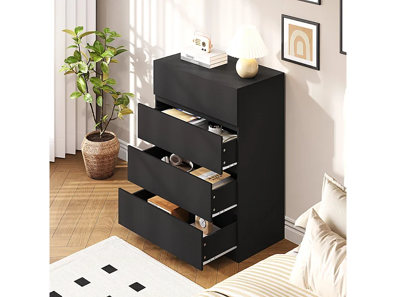 Commode 4 Tiroirs - MDF - avec glissières de métal - sans poignée - 70x40x96cm - Noir