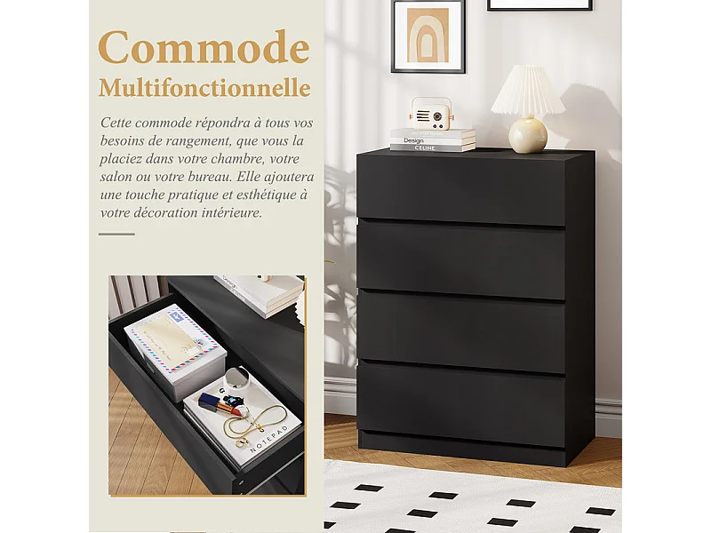 Commode 4 Tiroirs - MDF - avec glissières de métal - sans poignée - 70x40x96cm - Noir