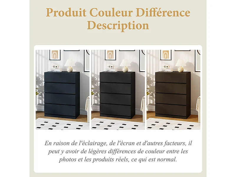 Commode 4 Tiroirs - MDF - avec glissières de métal - sans poignée - 70x40x96cm - Noir