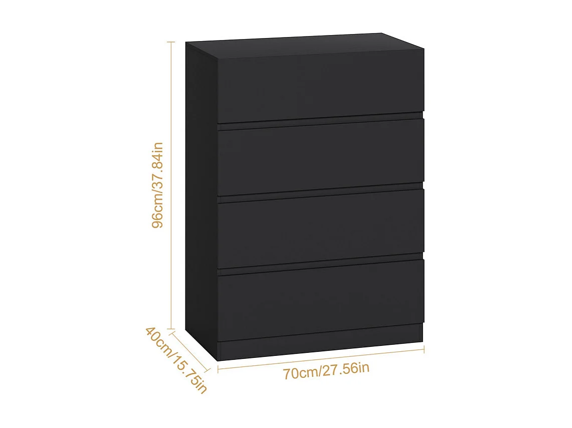 Commode 4 Tiroirs - MDF - avec glissières de métal - sans poignée - 70x40x96cm - Noir