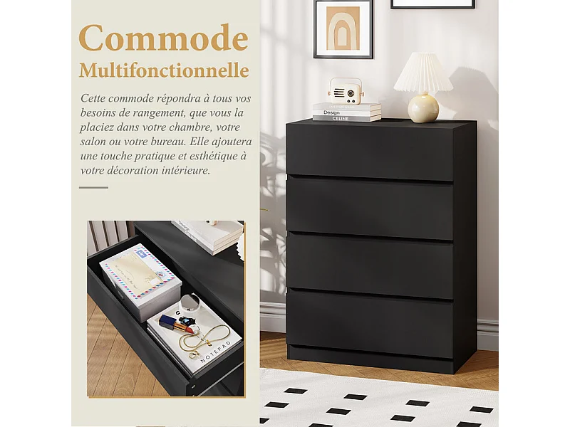 Commode 4 Tiroirs - MDF - avec glissières de métal - sans poignée - 70x40x96cm - Noir
