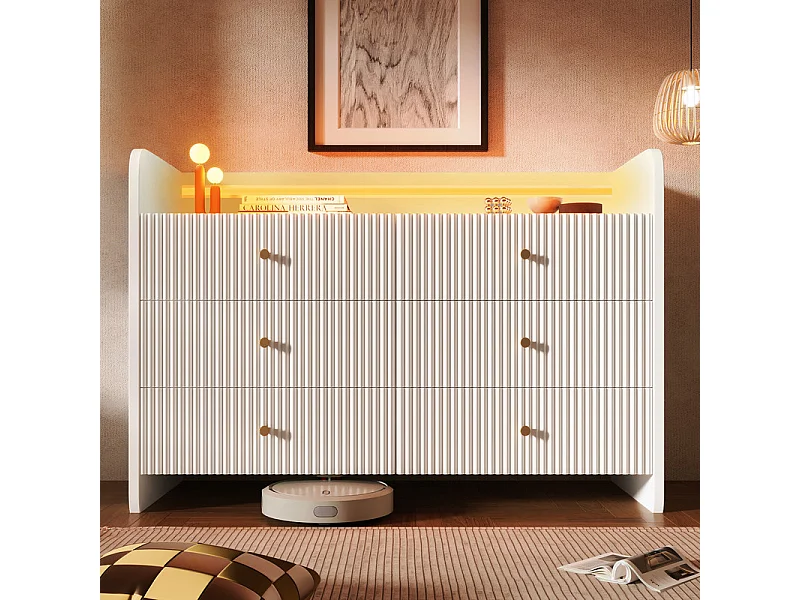Kommode 6 Schubladen - mit LED Beleuchtung und Kippsicherung - Rillen Design 120x40x75cm