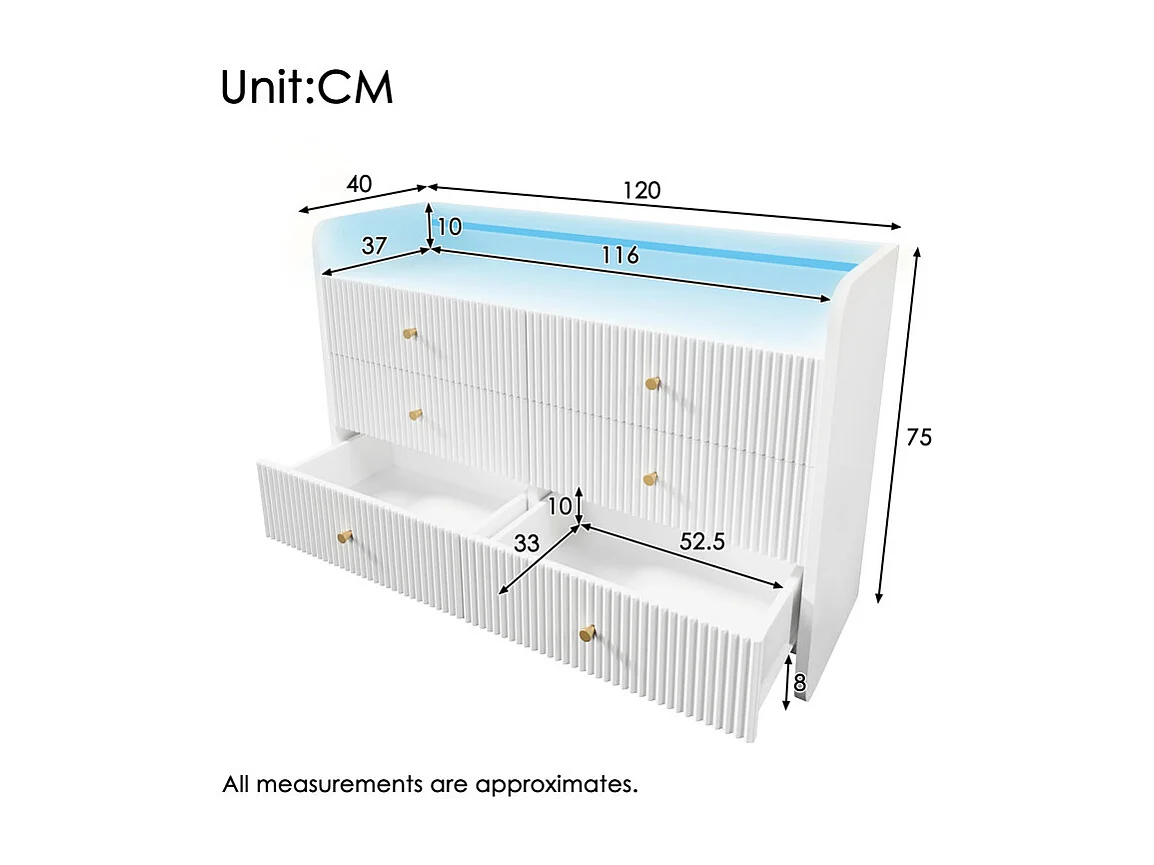 Kommode 6 Schubladen - mit LED Beleuchtung und Kippsicherung - Rillen Design 120x40x75cm