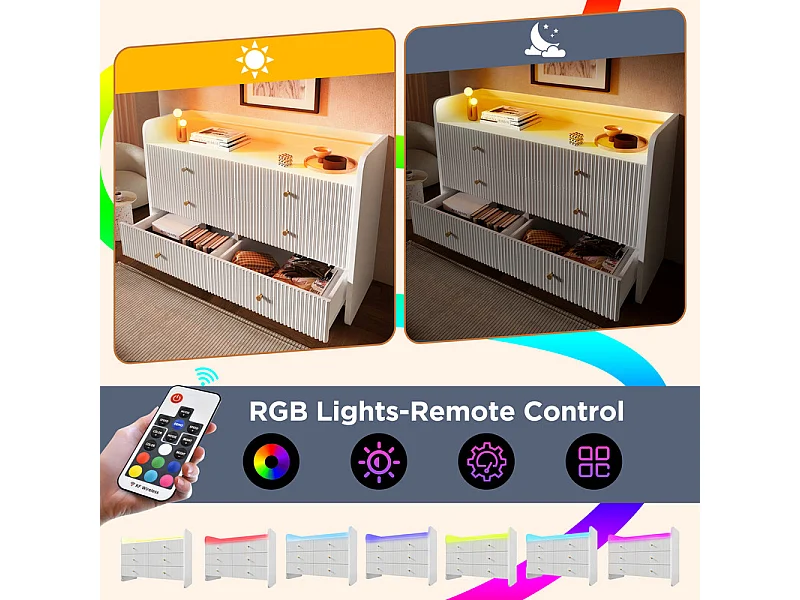 Kommode 6 Schubladen - mit LED Beleuchtung und Kippsicherung - Rillen Design 120x40x75cm