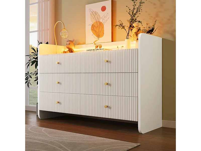 Kommode 6 Schubladen - mit LED Beleuchtung und Kippsicherung - Rillen Design 120x40x75cm