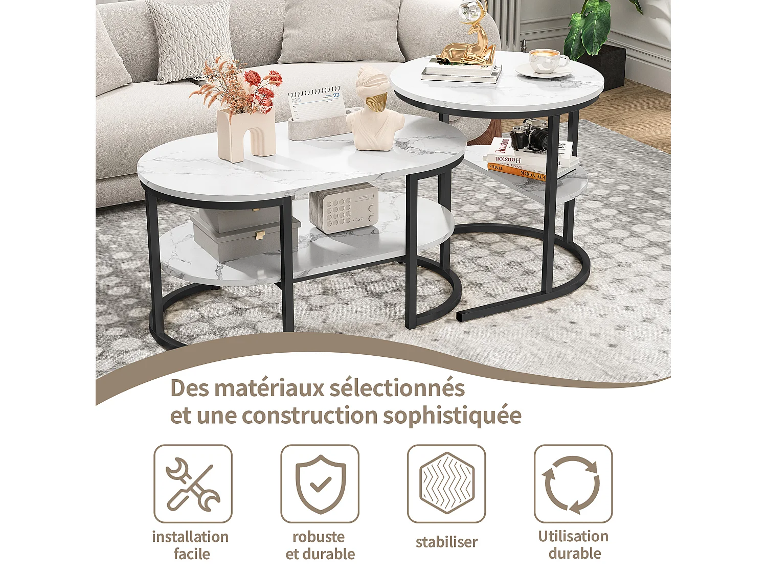 Tables basses gigognes ovales et rondes effet marbre blanc avec structure noire，créant un design moderne et élégant