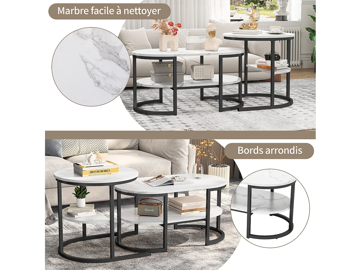 Mesas de centro nido ovaladas y redondas en efecto mármol blanco con marco negro, creando un diseño moderno y elegante.