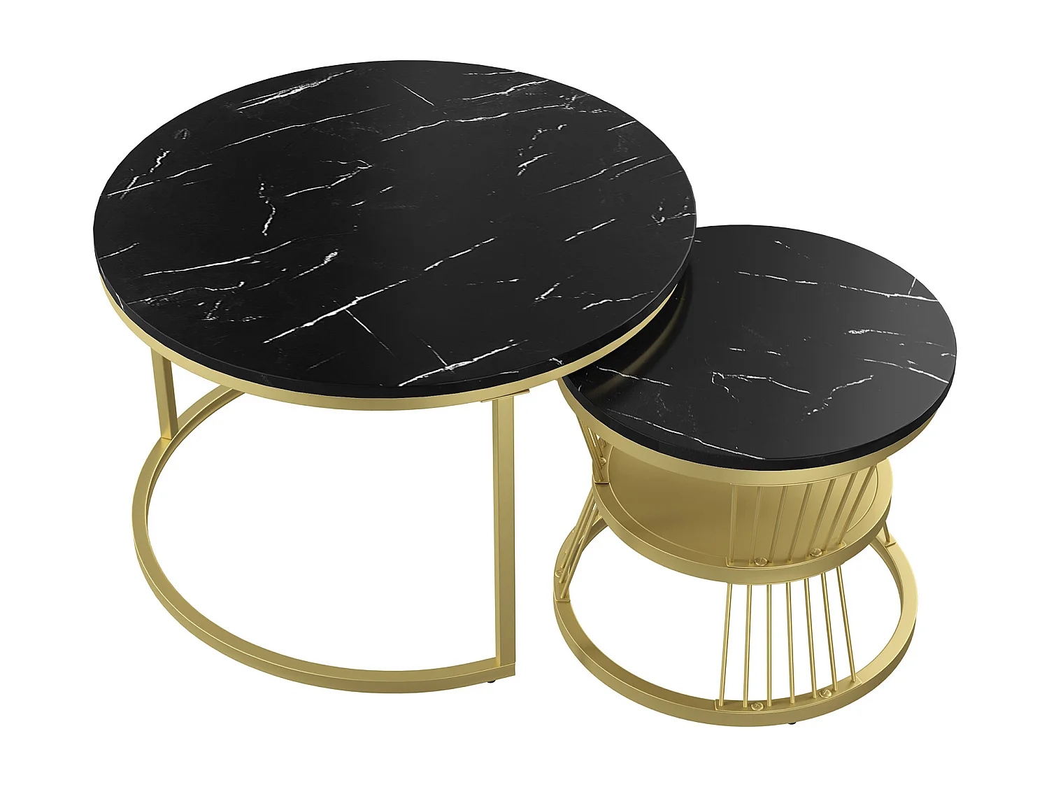 Table basse gigogne 2 pièces – Ensemble noir effet marbre avec piètement doré, design moderne et élégant