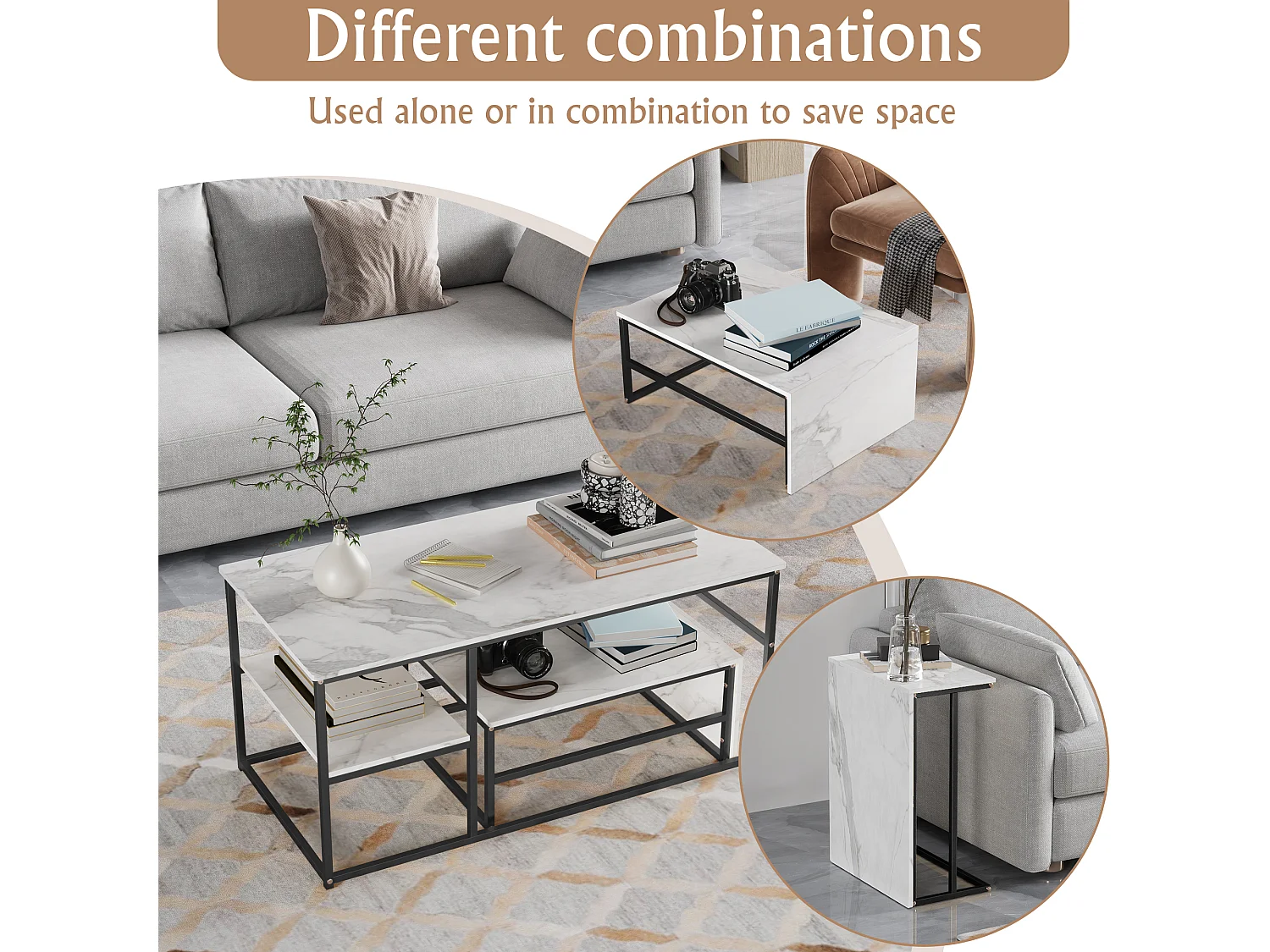 Tables basses gigognes carrées en marbre blanc avec cadres noirs - Ensemble moderne deux pièces