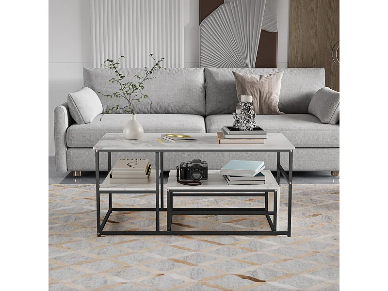 Witte marmeren vierkante salontafels met zwarte frames - moderne set van twee