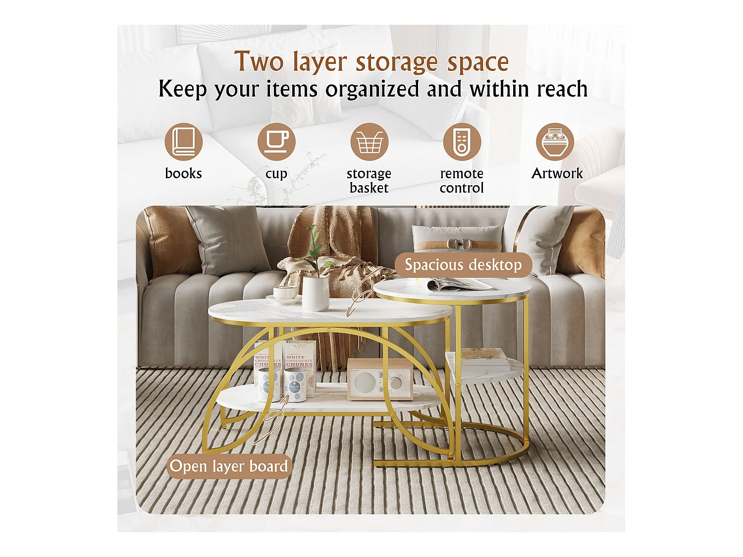 Mesa de centro quadrada de mármore branco com pernas douradas - Design moderno, estável e multifuncional