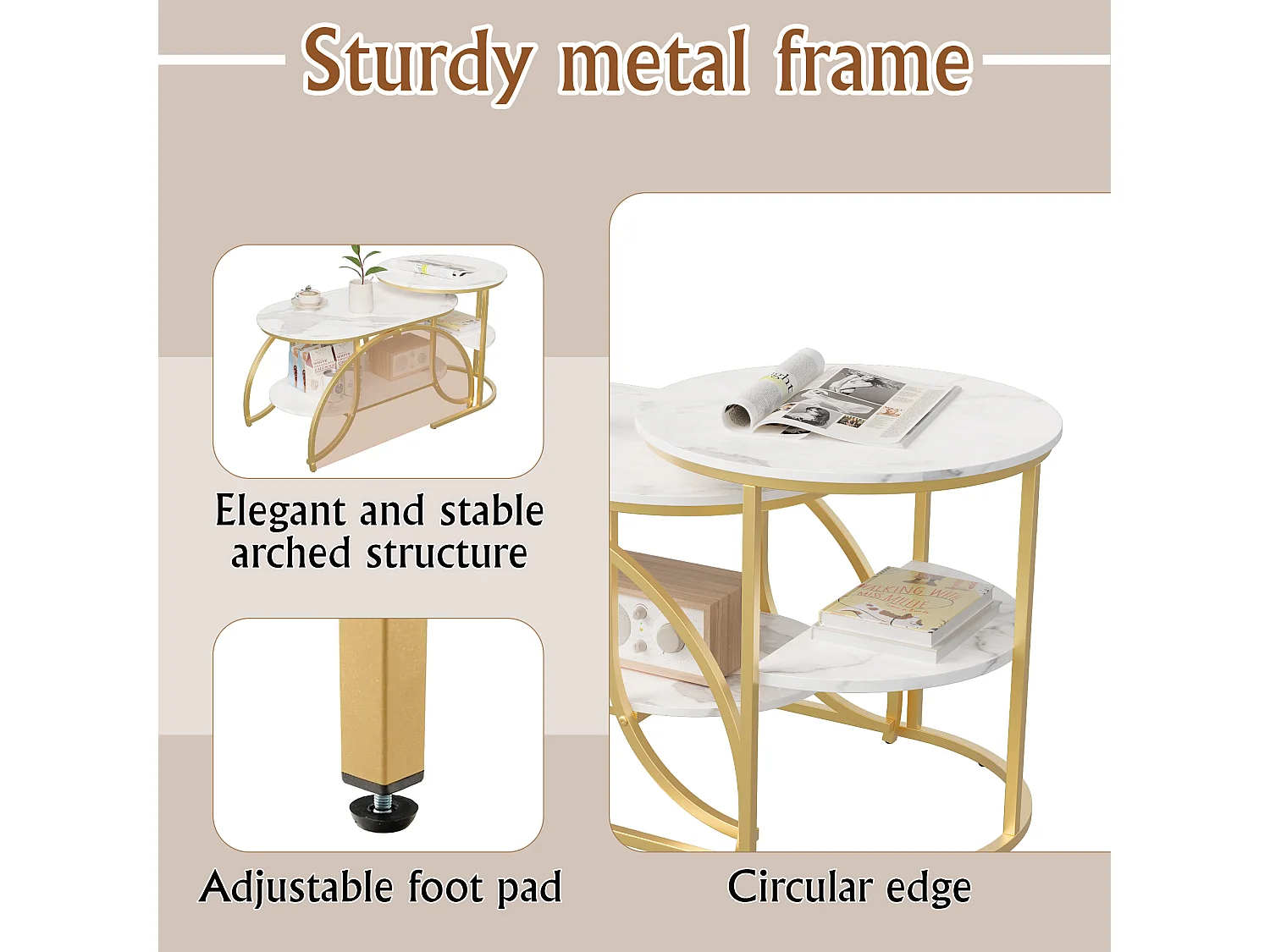 Table basse carrée en marbre blanc avec pieds dorés – Design moderne, stable et multifonction