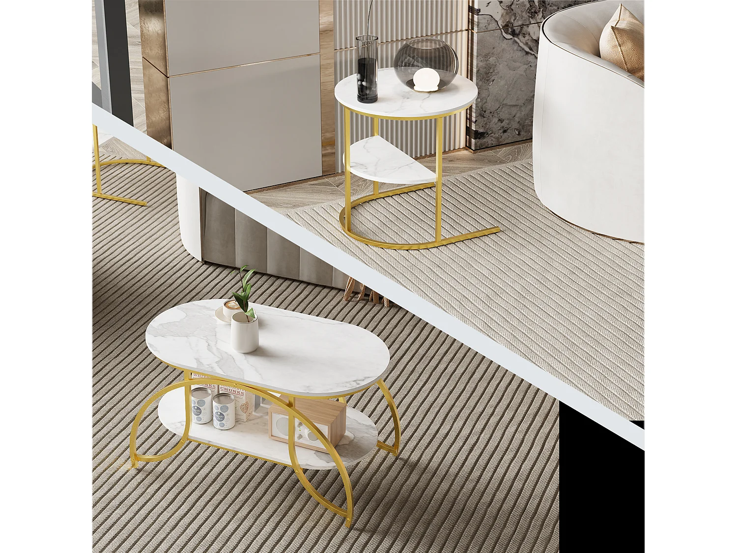 Table basse carrée en marbre blanc avec pieds dorés – Design moderne, stable et multifonction