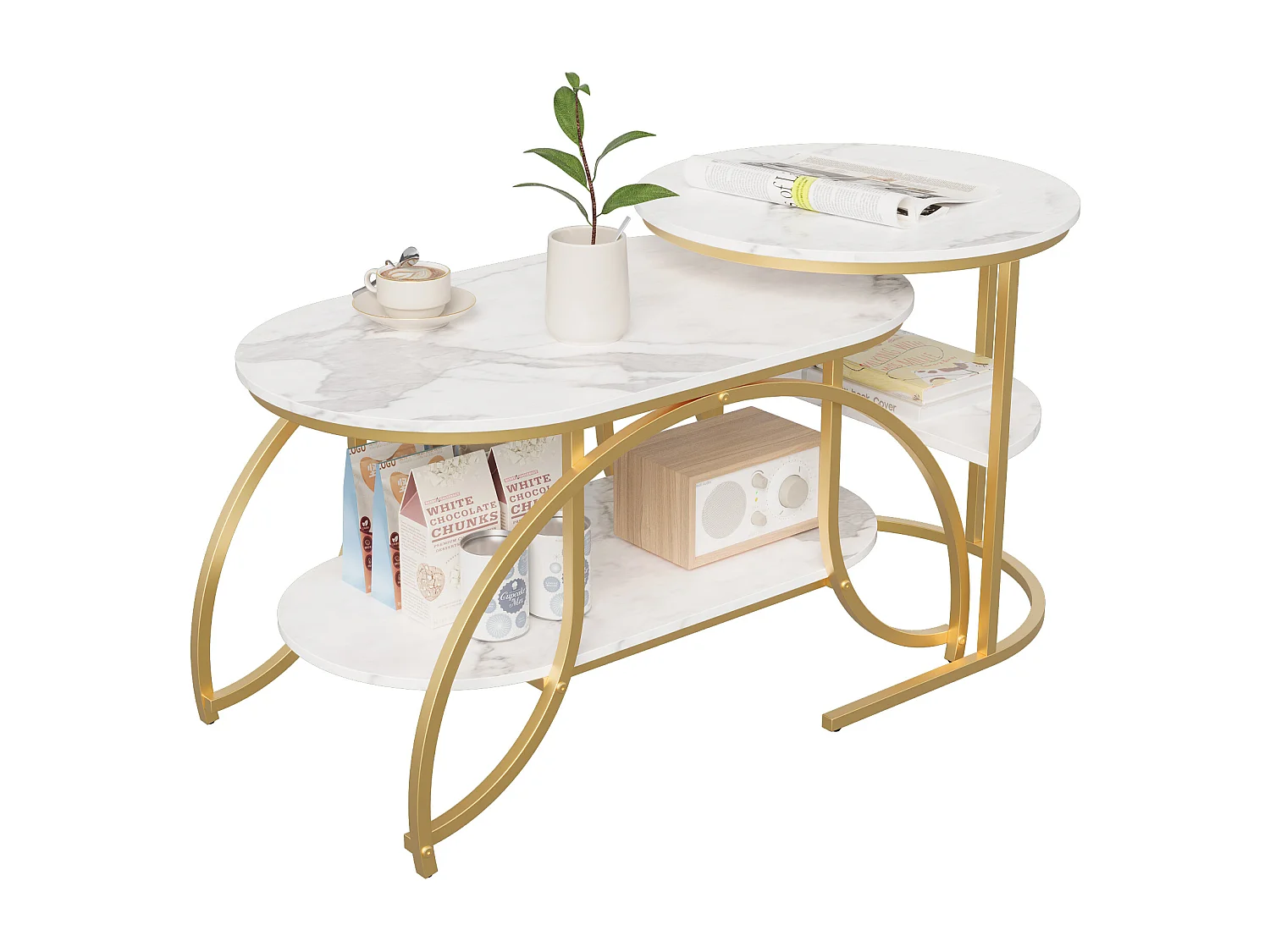 Table basse carrée en marbre blanc avec pieds dorés – Design moderne, stable et multifonction