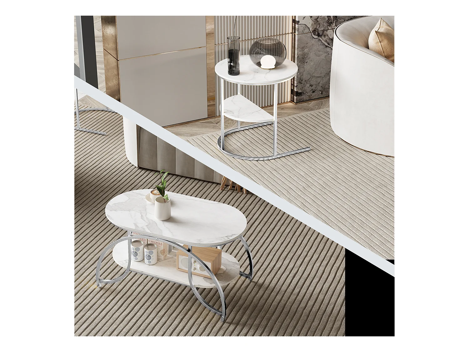 Mesa de centro quadrada de mármore branco com estrutura de metal prateado - design moderno, estável e versátil