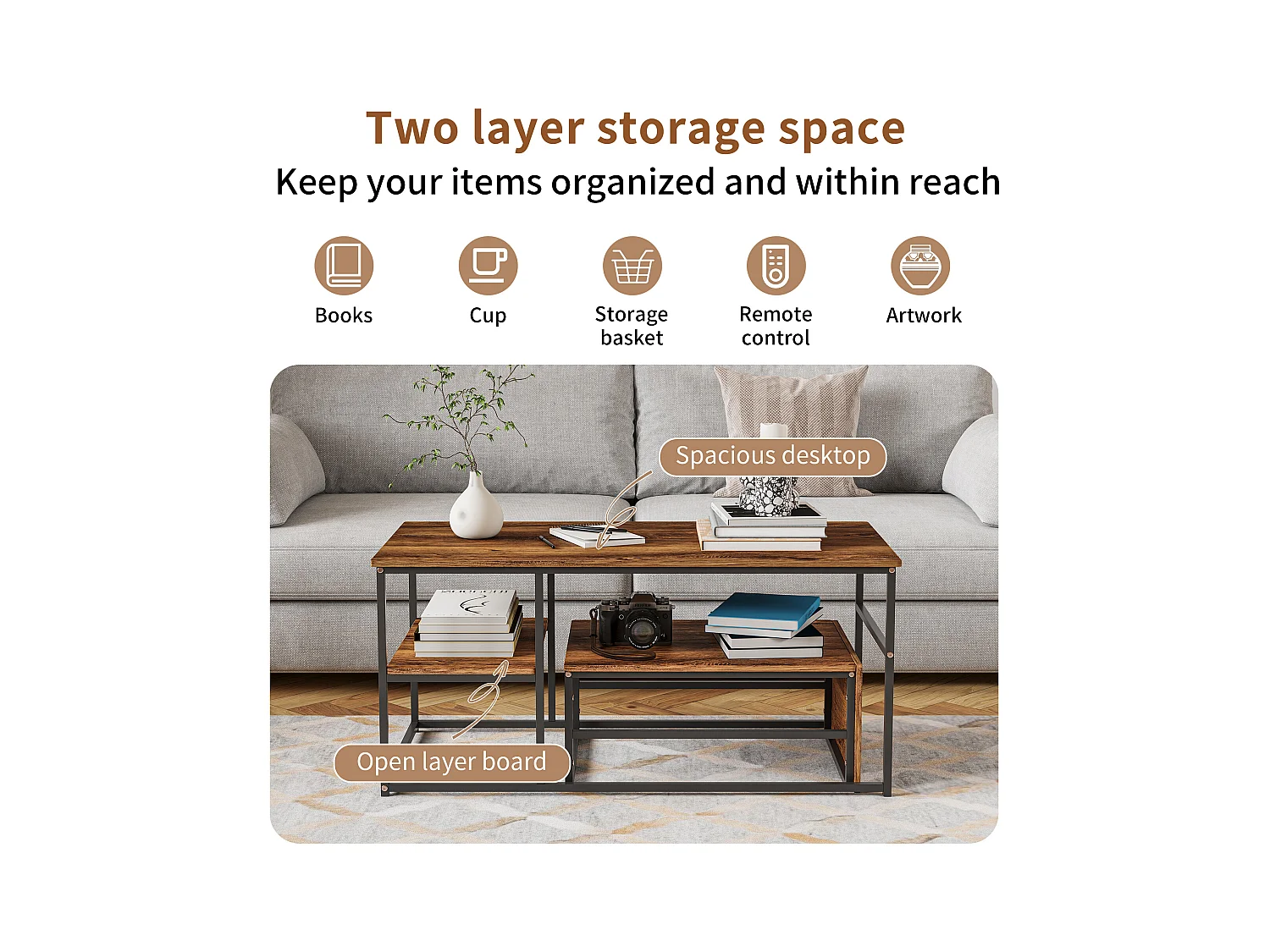 Mesa de centro quadrada encaixável em madeira com estrutura preta - conjunto de 2 peças