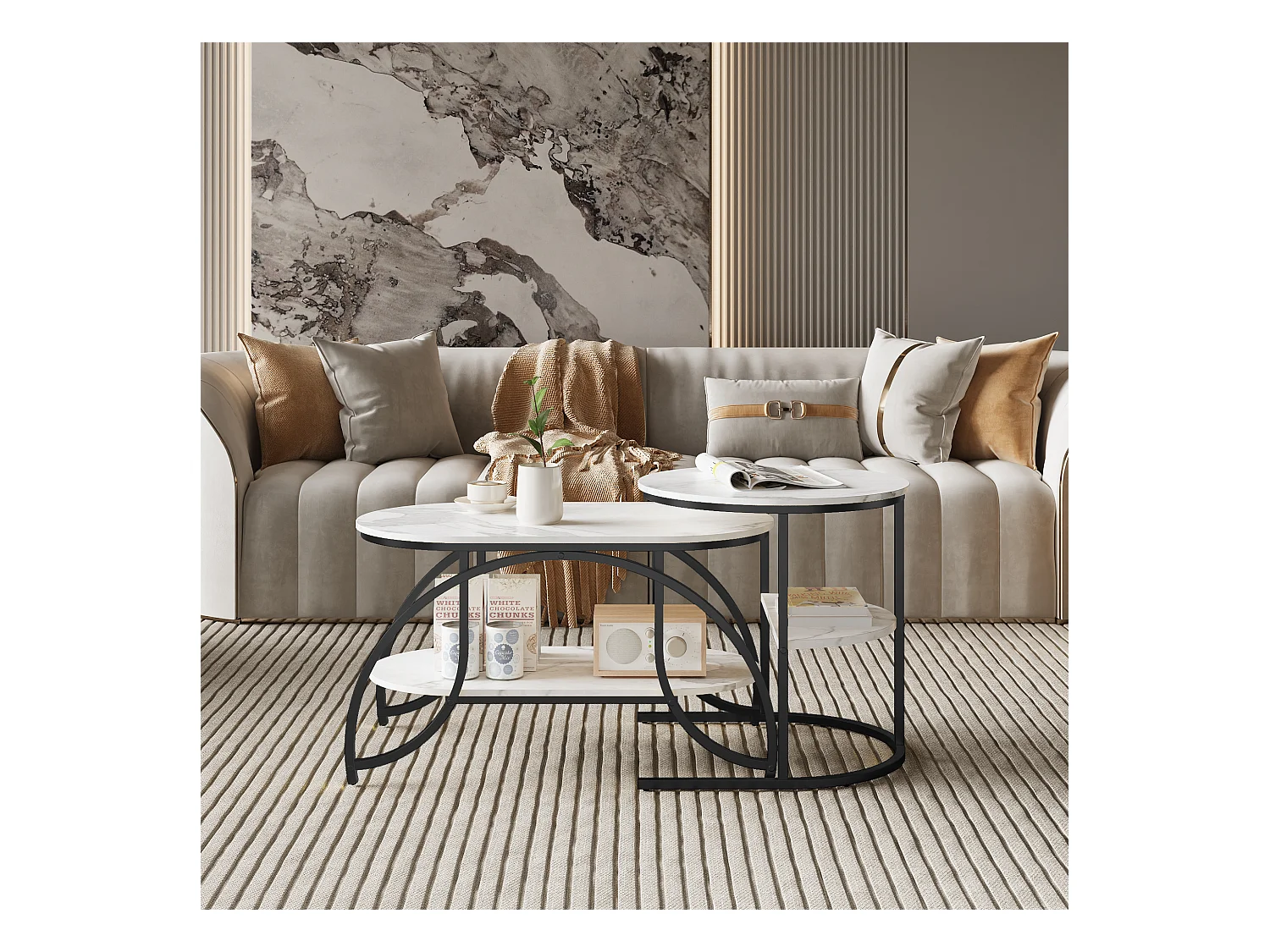 Mesa de centro quadrada em mármore branco com estrutura de metal preto - design moderno, estável e versátil