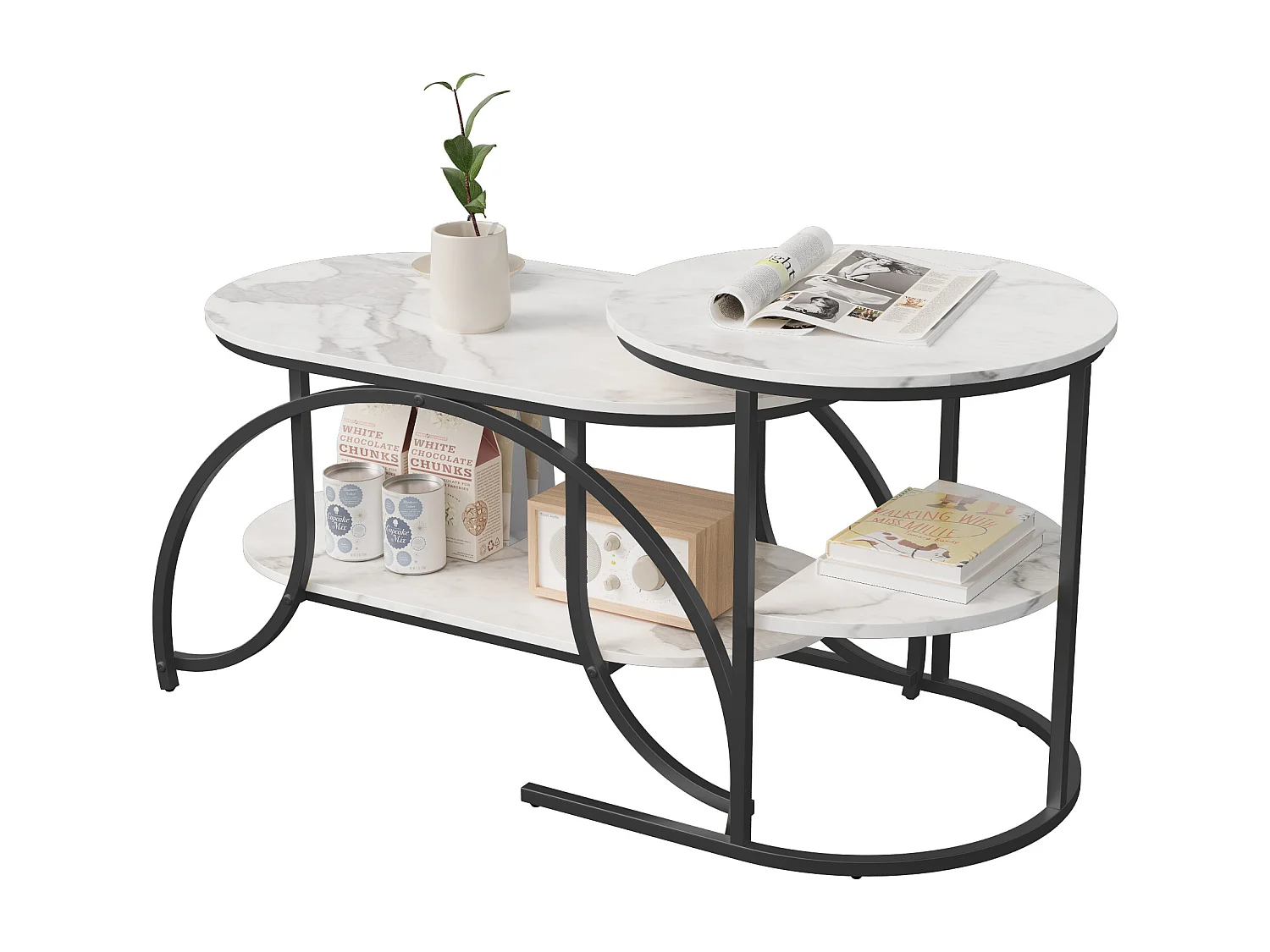 Mesa de centro cuadrada de mármol blanco con estructura de metal negro: diseño moderno, estable y versátil.