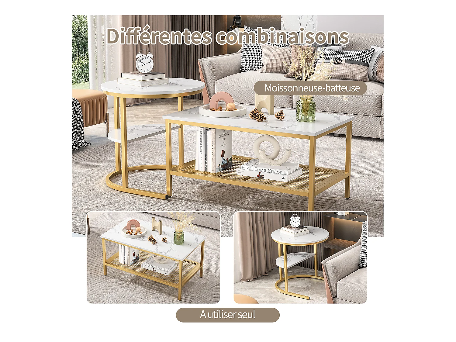 Mesa de centro retangular e redonda de encaixe em mármore branco com estrutura em metal dourado, design moderno e elegante