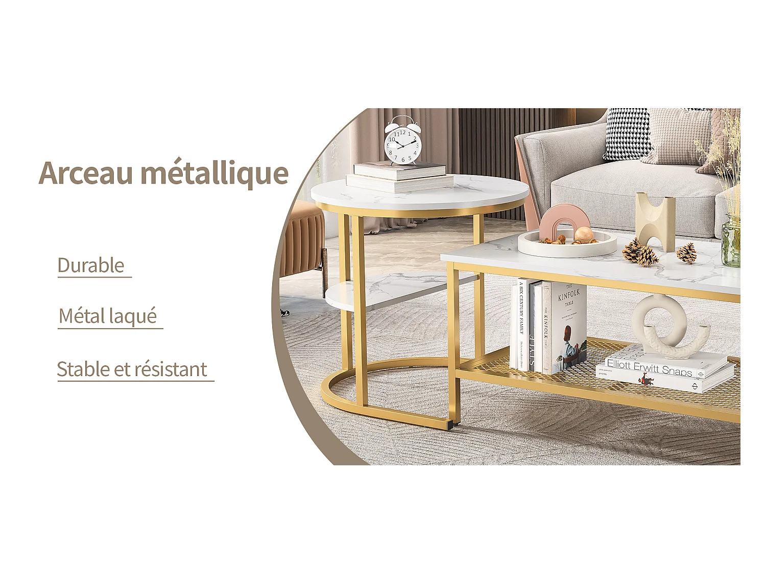 Mesa de centro retangular e redonda de encaixe em mármore branco com estrutura em metal dourado, design moderno e elegante