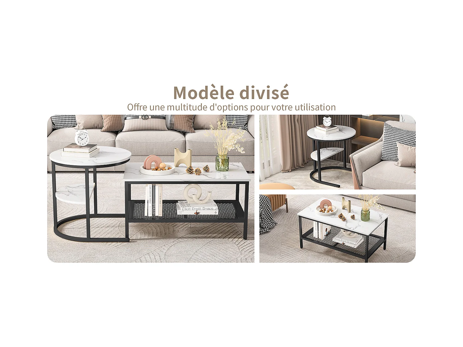 Mesas de centro encaixáveis retangulares e redondas em mármore branco com estrutura de metal preto, design moderno e elegante.