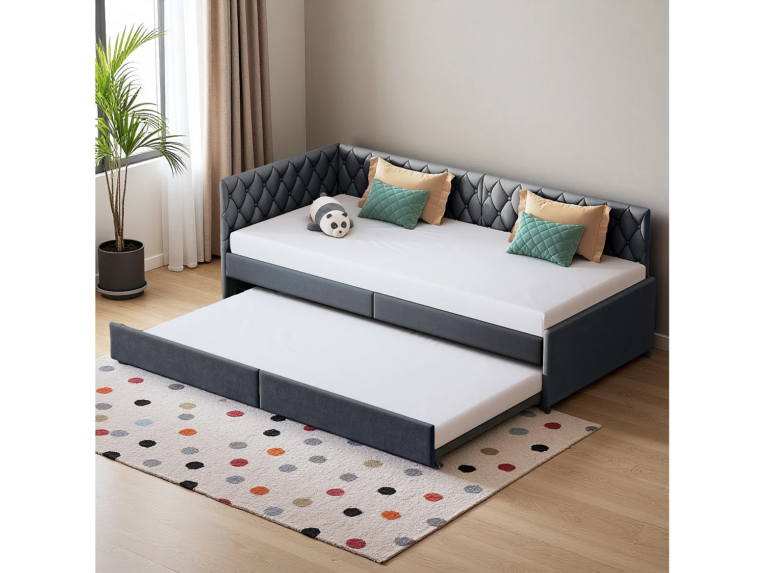 Canapé-lit extensible 90x200 cm en velours gris, convertible en lit double, confortable et pratique pour gain de place