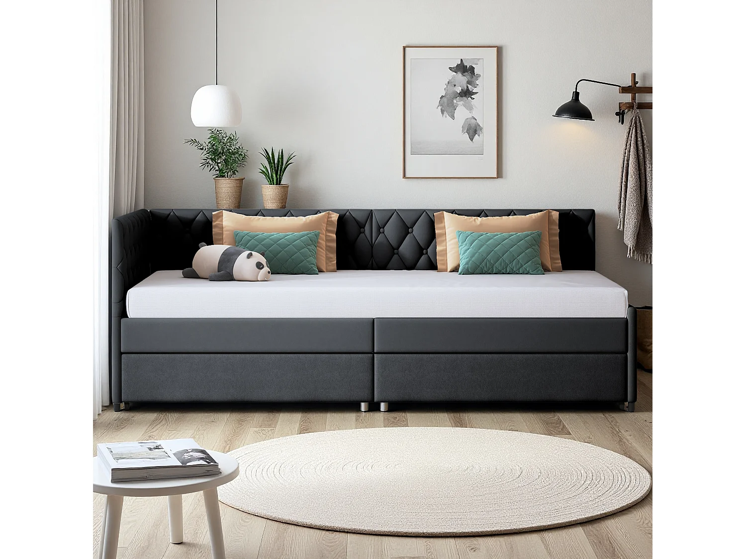 Canapé-lit extensible 90x200 cm en velours gris, convertible en lit double, confortable et pratique pour gain de place