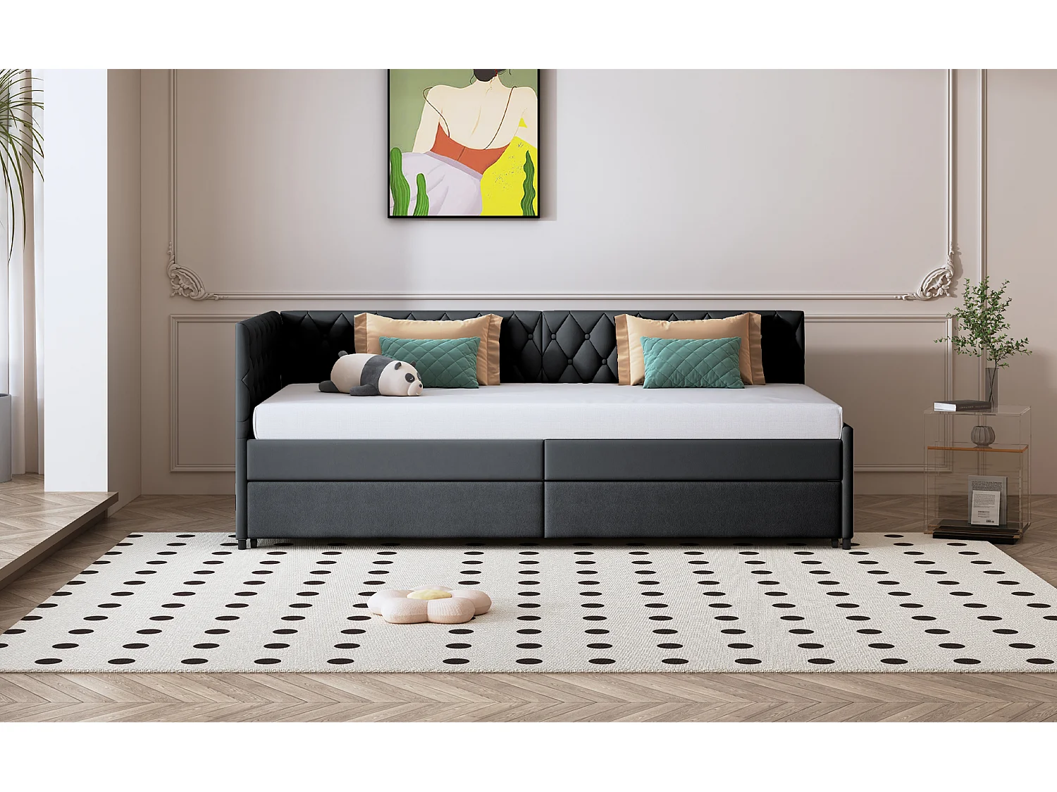 Canapé-lit extensible 90x200 cm en velours gris, convertible en lit double, confortable et pratique pour gain de place