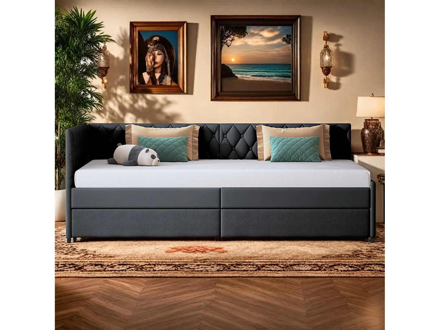 Canapé-lit extensible 90x200 cm en velours gris, convertible en lit double, confortable et pratique pour gain de place