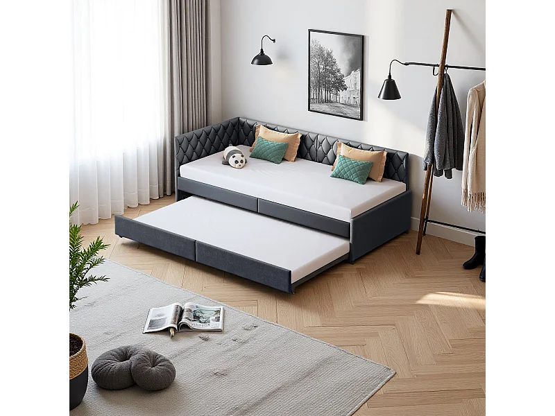 Canapé-lit extensible 90x200 cm en velours gris, convertible en lit double, confortable et pratique pour gain de place