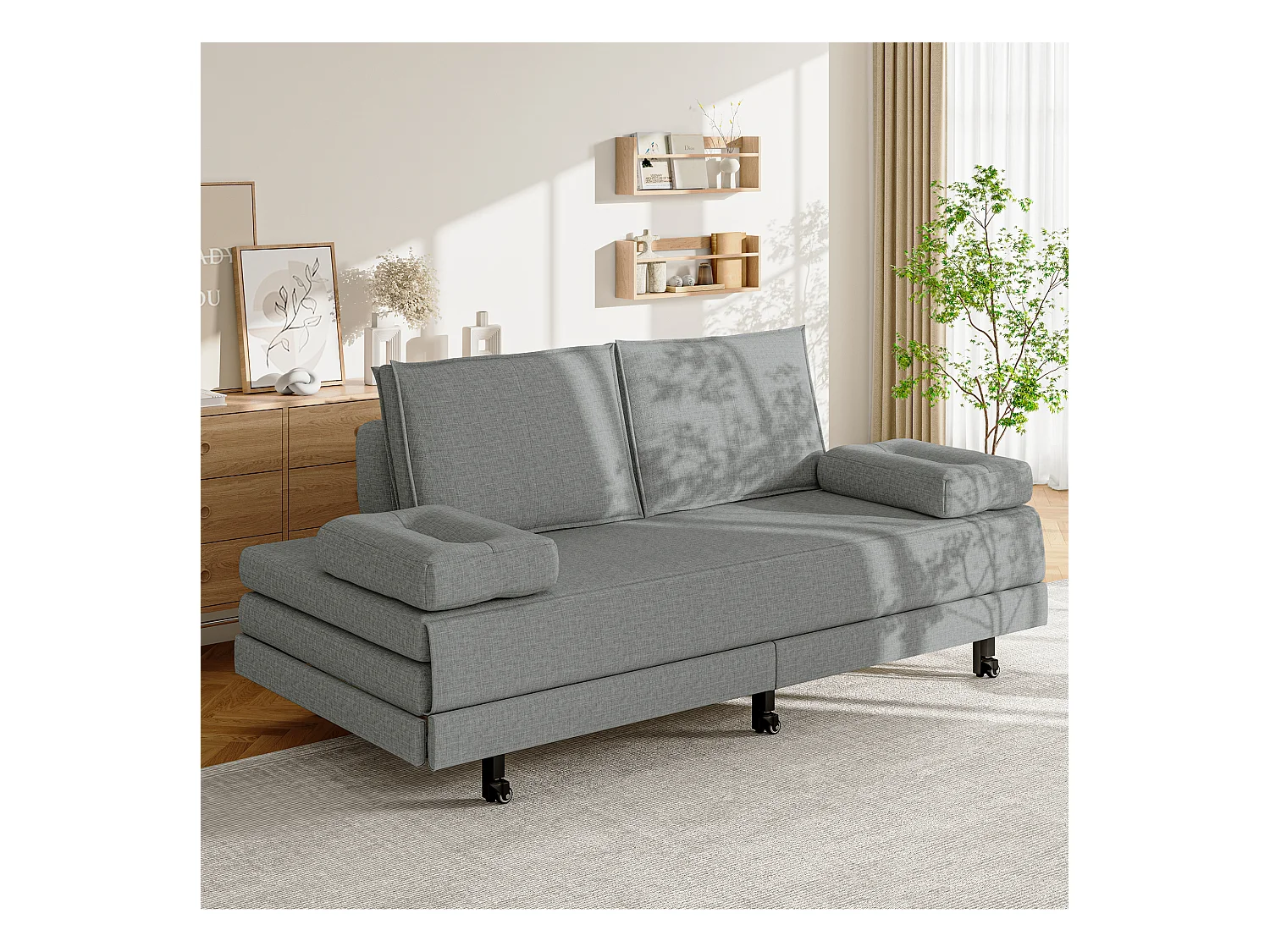 Canapé-lit en tissu gris 90x200 cm, extensible jusqu’à 180x200 cm, pliable et pratique pour gain de place