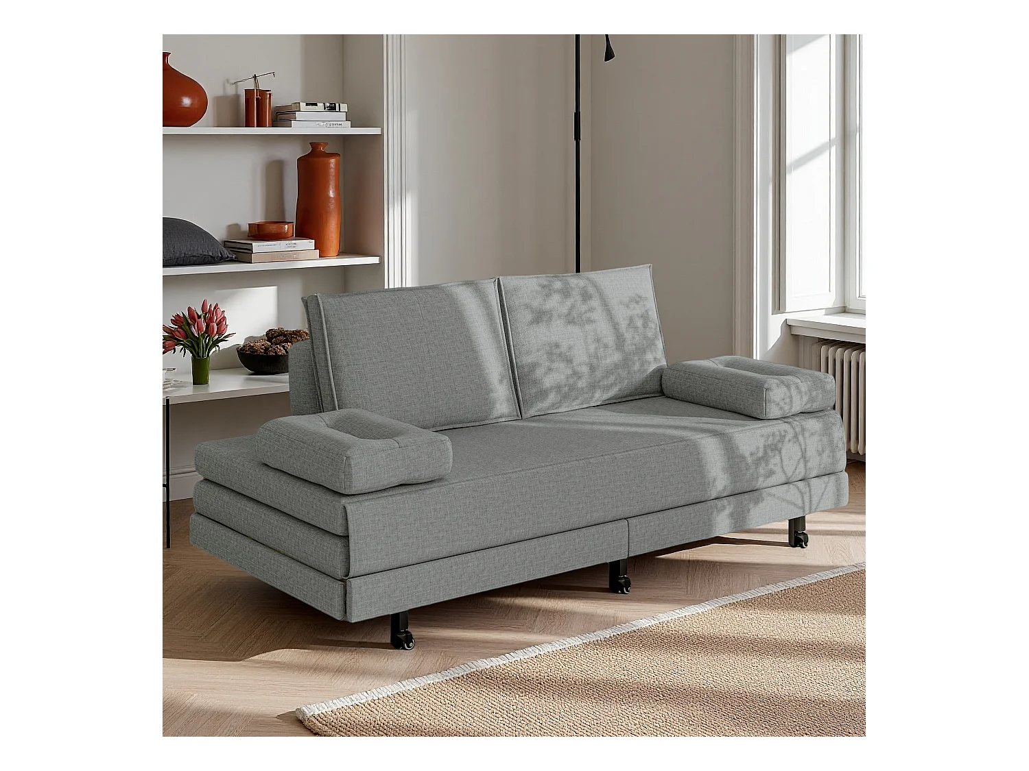 Canapé-lit en tissu gris 90x200 cm, extensible jusqu’à 180x200 cm, pliable et pratique pour gain de place