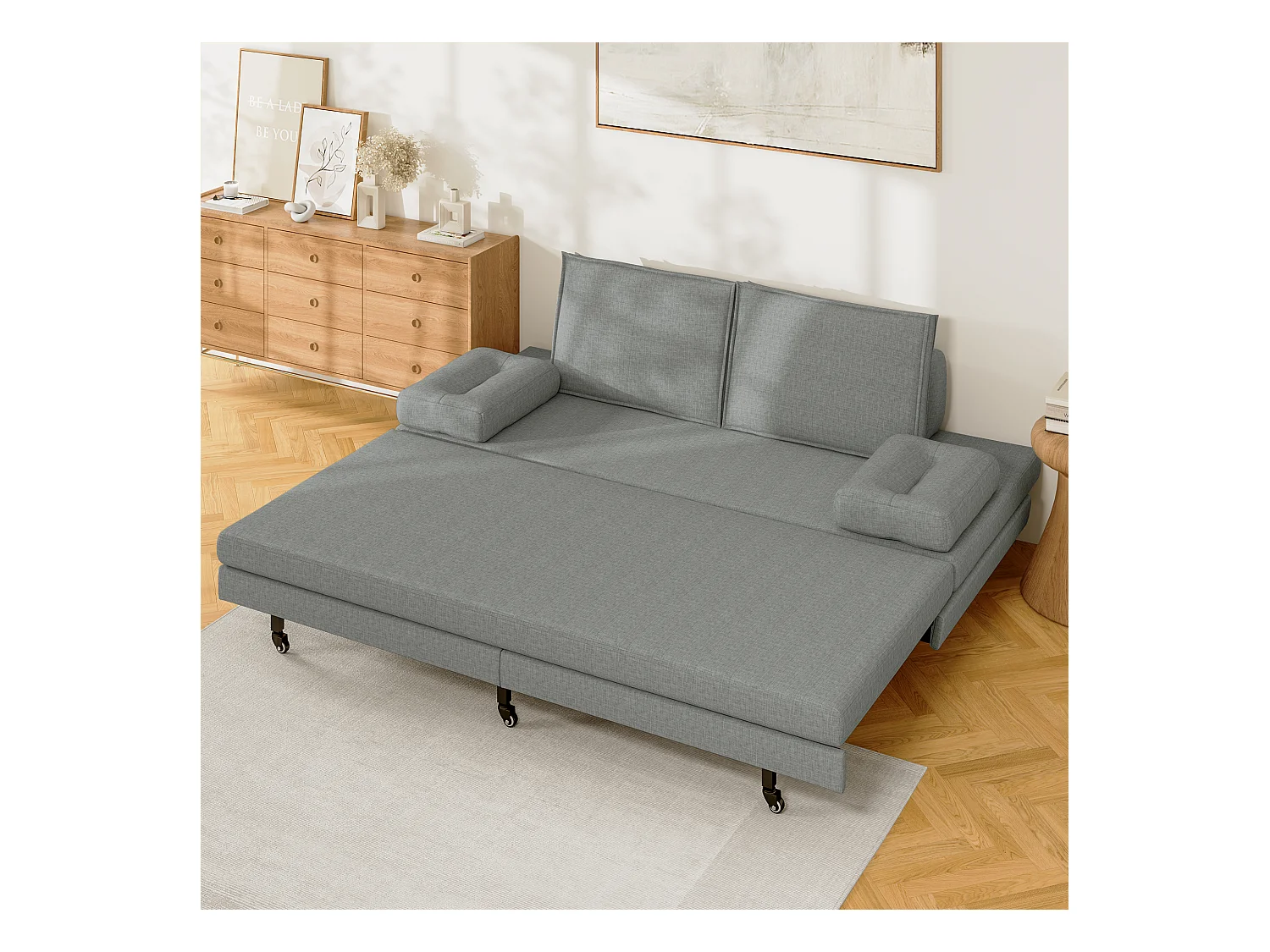 Canapé-lit en tissu gris 90x200 cm, extensible jusqu’à 180x200 cm, pliable et pratique pour gain de place