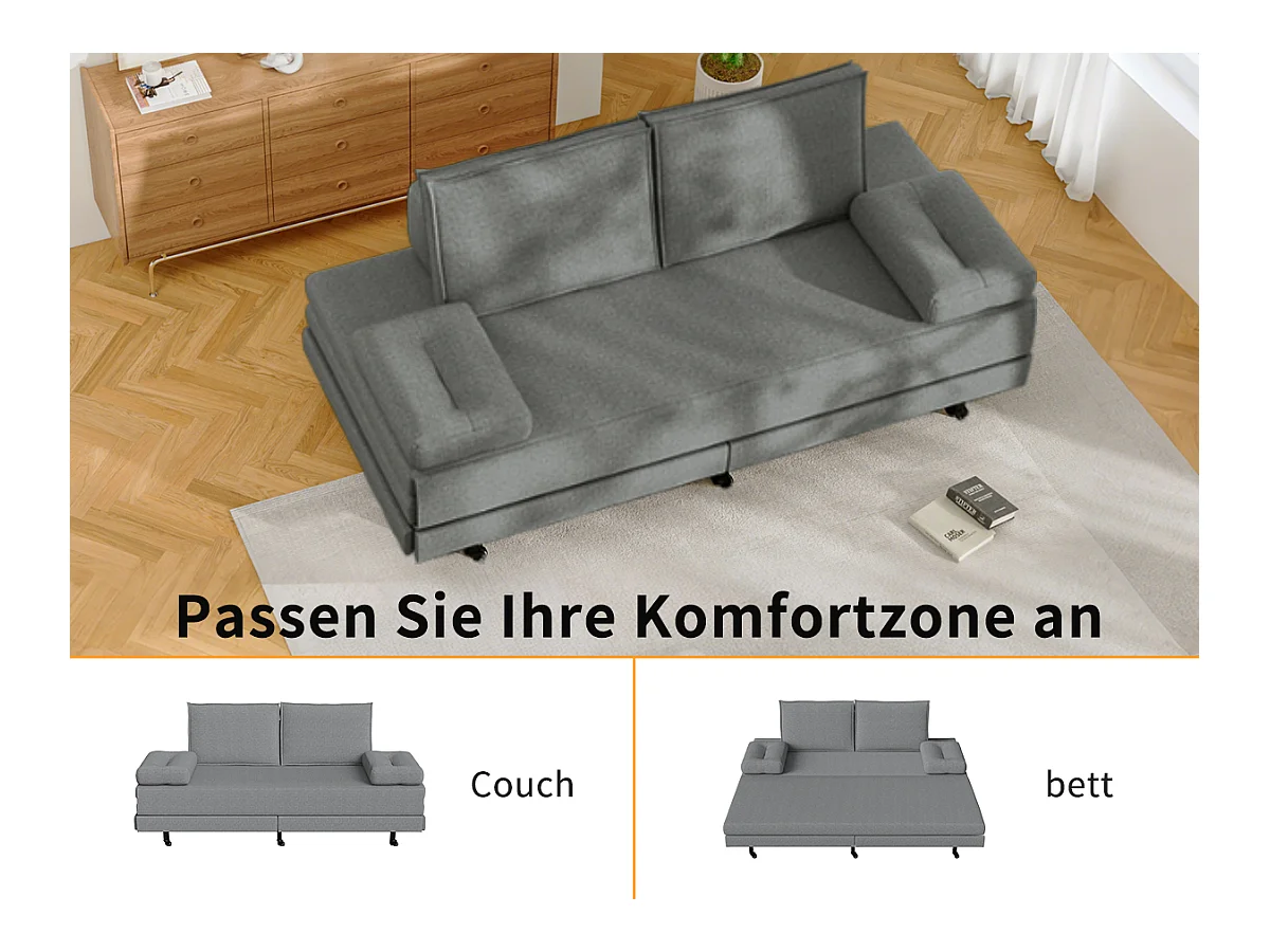 Canapé-lit en tissu gris 90x200 cm, extensible jusqu’à 180x200 cm, pliable et pratique pour gain de place