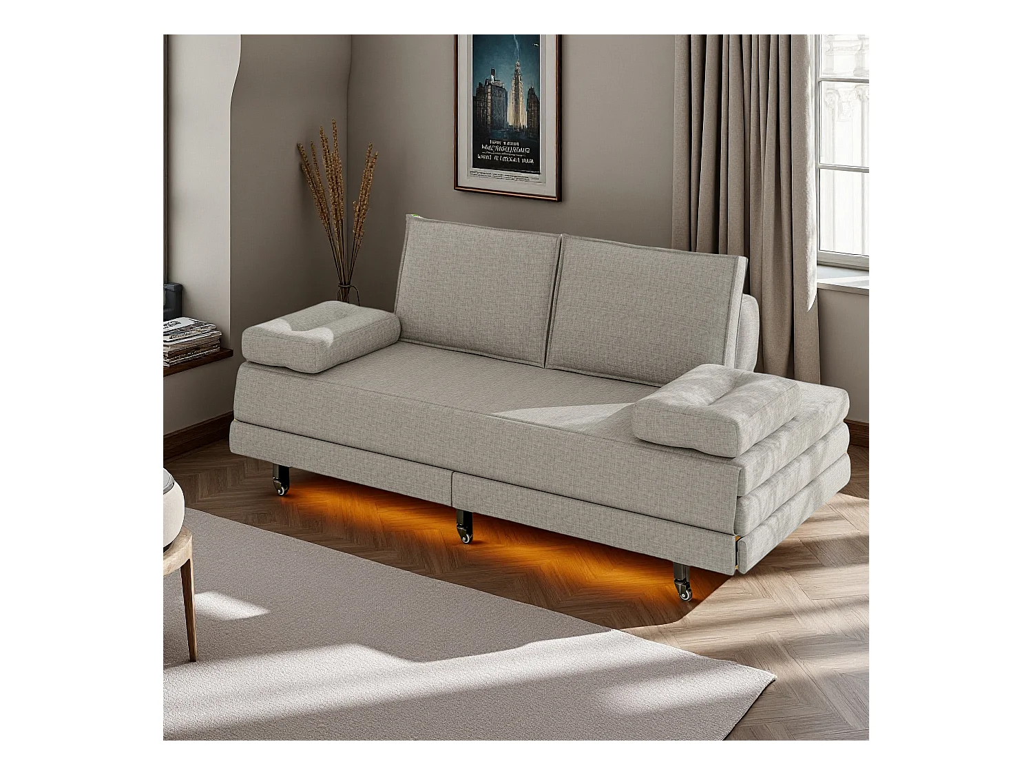 Canapé-lit en tissu gris 90x200 cm, extensible jusqu’à 180x200 cm, pliable et pratique pour gain de place
