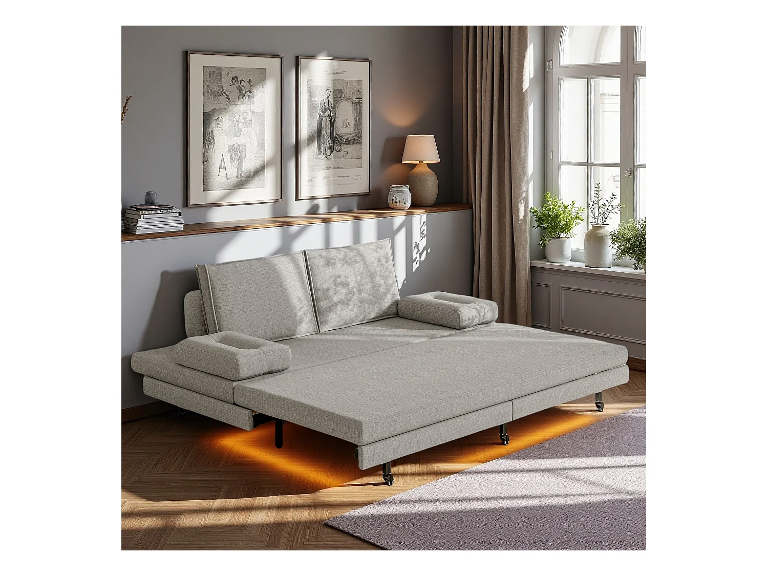 Canapé-lit en tissu gris 90x200 cm, extensible jusqu’à 180x200 cm, pliable et pratique pour gain de place