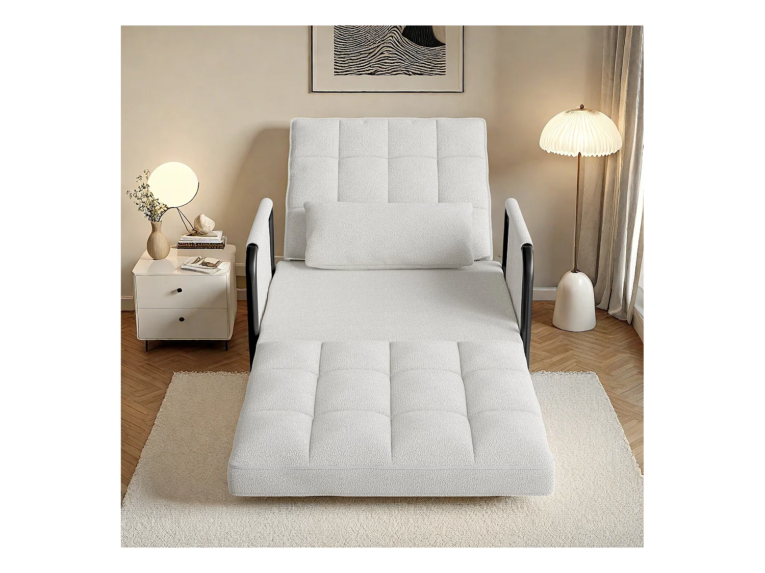 Divano letto regolabile in 5 posizioni in tessuto felpato bianco, divano/letto trasformabile con tasche portaoggetti laterali