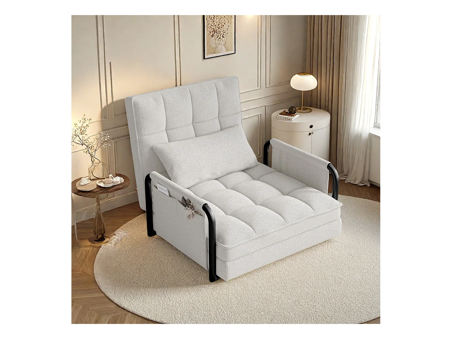 Divano letto regolabile in 5 posizioni in tessuto felpato bianco, divano/letto trasformabile con tasche portaoggetti laterali