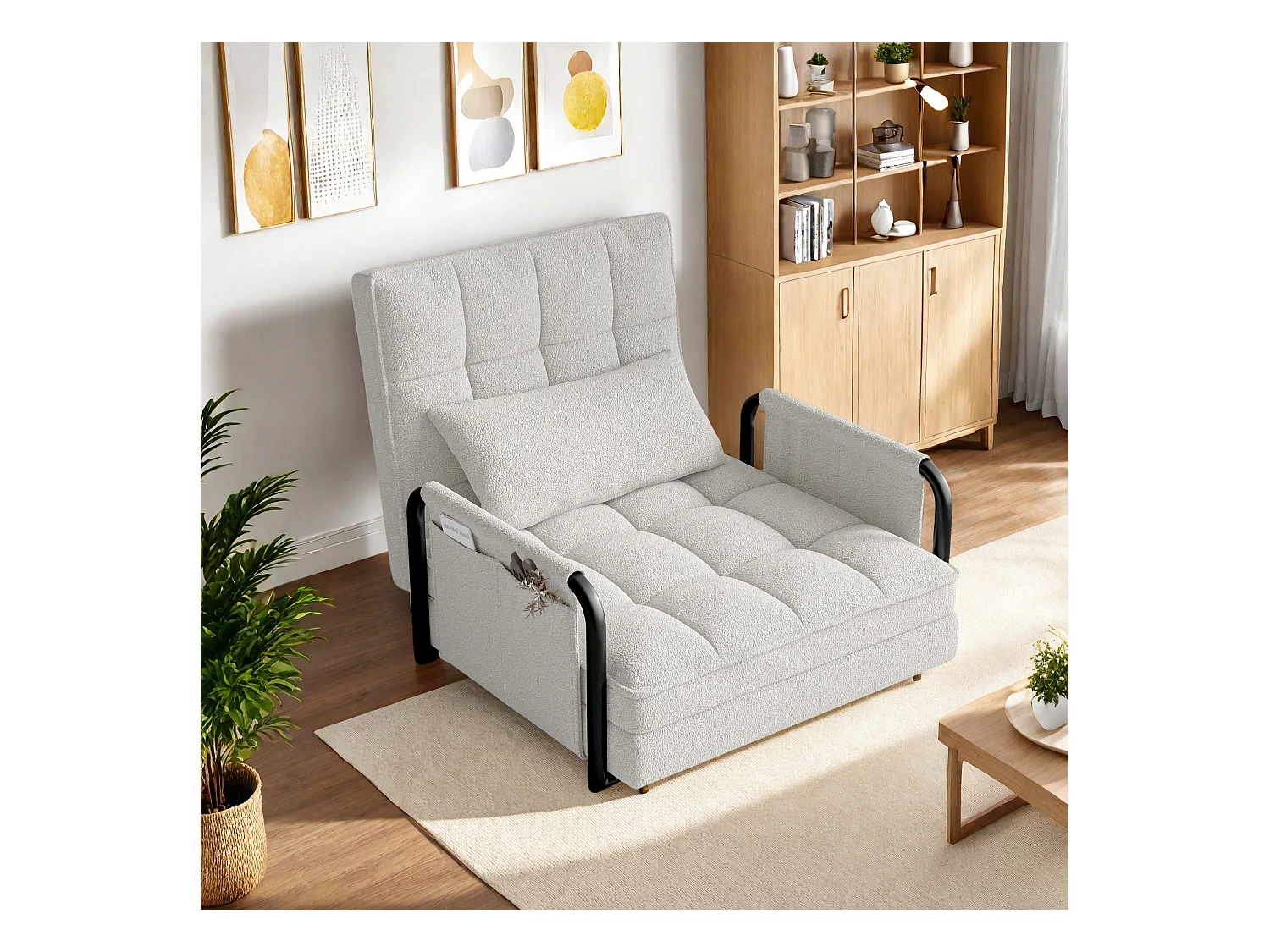 Divano letto regolabile in 5 posizioni in tessuto felpato bianco, divano/letto trasformabile con tasche portaoggetti laterali