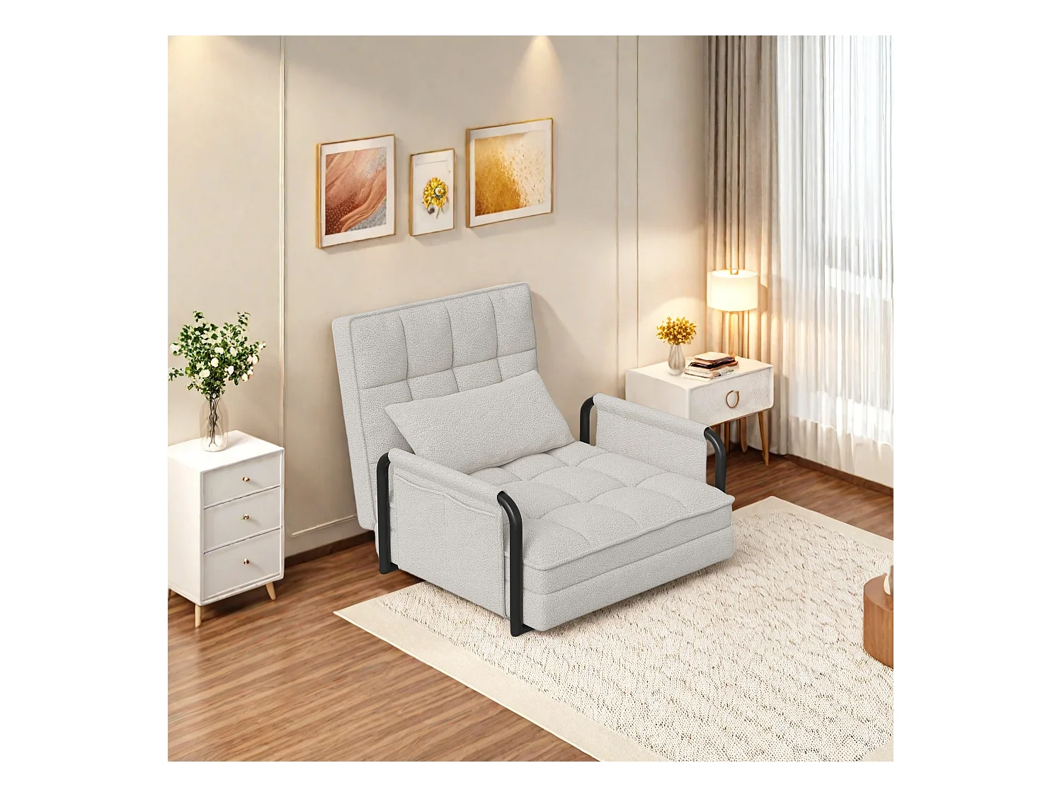 Divano letto regolabile in 5 posizioni in tessuto felpato bianco, divano/letto trasformabile con tasche portaoggetti laterali