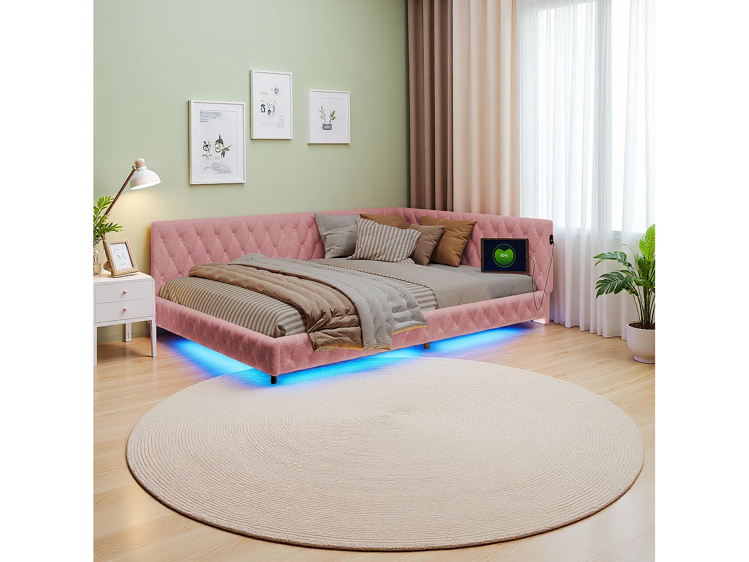Lit 140x200 cm en tissu doudou rose avec éclairage LED périphérique et ports USB intégrés, design moderne et cosy