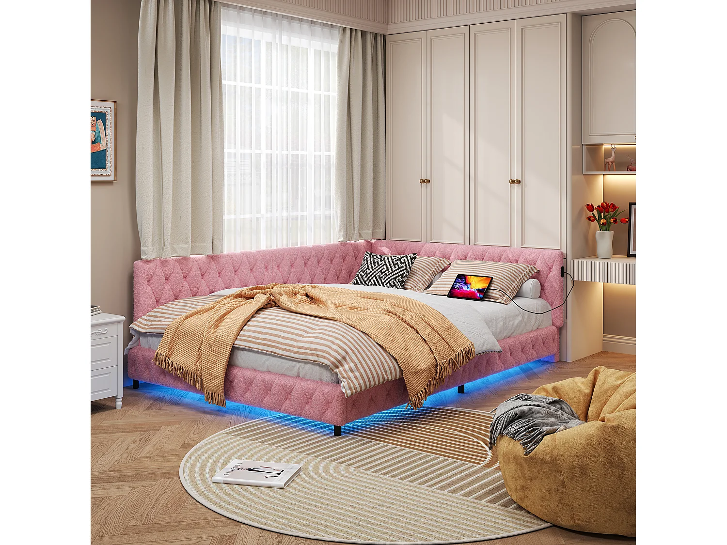 Lit 140x200 cm en tissu doudou rose avec éclairage LED périphérique et ports USB intégrés, design moderne et cosy